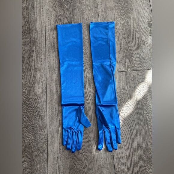 Elegant Blue Satin Opera Gloves - Picture 2 of 3